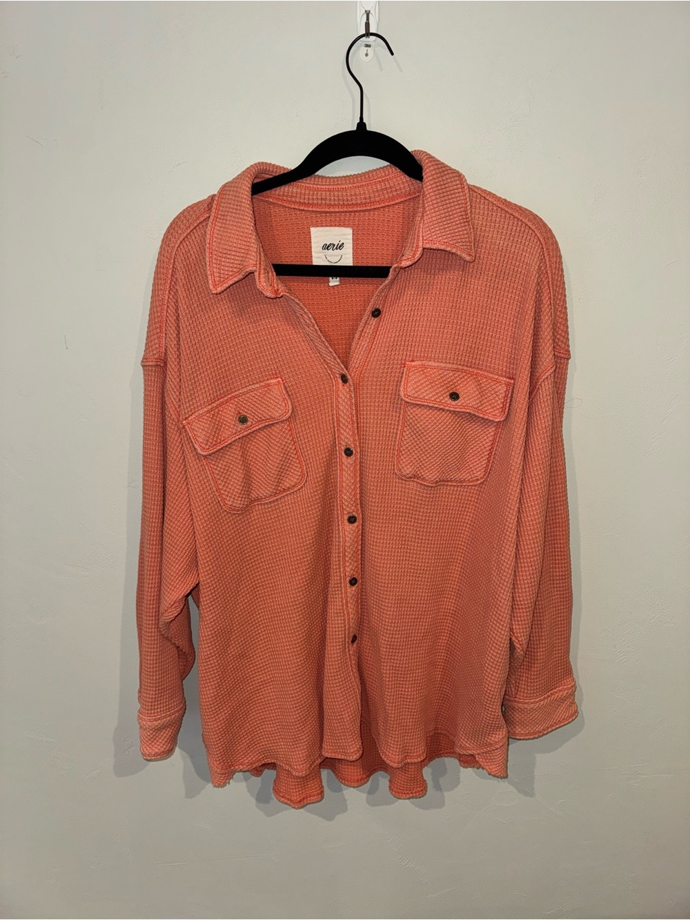 aerie Coral Waffle Button-Down Shirt